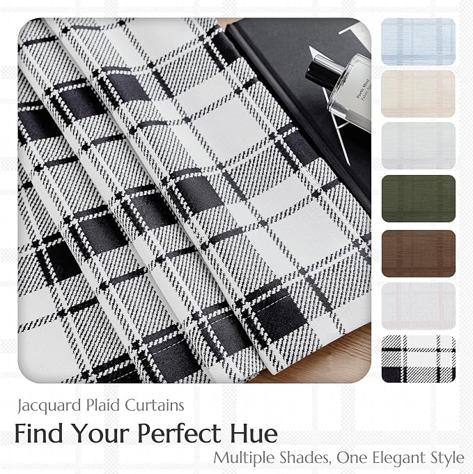 Beauoop Black White Plaid Jacquard Blackout Curtains Bedroom 52x63 2 Panels | Gingham Checkered Buffalo Room Darkening Drapes for Living Room 63 Inch Long Thermal Soundproof Window treatment Grommet