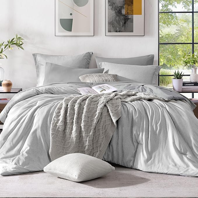 Monbix Full Comforter Set 7 Pieces Light Grey Cationic Dyeing Bed in a Bag | Lightweight Reversible All Season Bedding Sets with Comforter, Sheets, Pillowcases & Shams