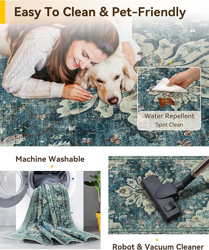 RELEANY Washable Area Rug, Small 2'x4', Blue/Vintage Dark Blue | Non-Slip, Water Repellent, Pet Friendly, Easy to Clean, Vintage Floral Boho Decor for Kitchen Entryway Bathroom