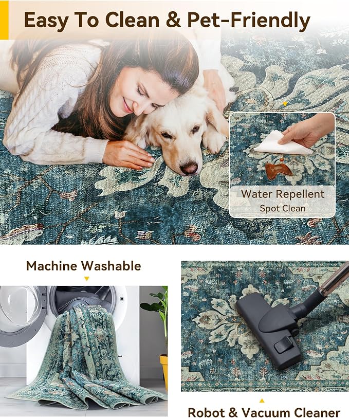 RELEANY Washable Area Rug, Large 9'x12', Blue/Vintage Dark Blue | Non-Slip, Water Repellent, Pet Friendly, Easy to Clean, Vintage Floral Boho Decor for Living Room Bedroom Dining Room