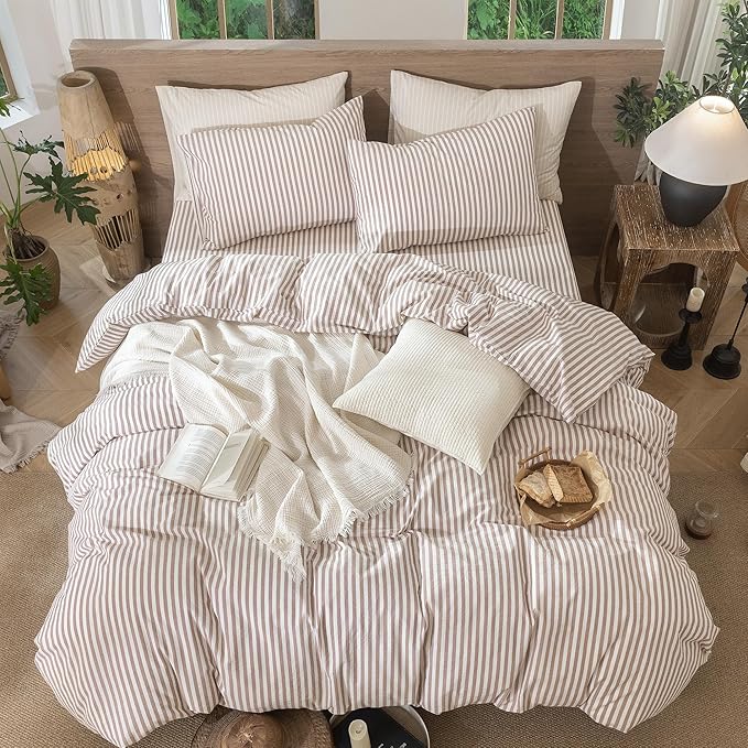 MooMee Striped Duvet Cover Set 100% Washed Cotton Linen Like Super Queen | Relaxed Linen-like Texture. Soft, Breathable & Long-lasting Comfort. Lightweight. Hidden Zipper with 8 Interior Corner Ties