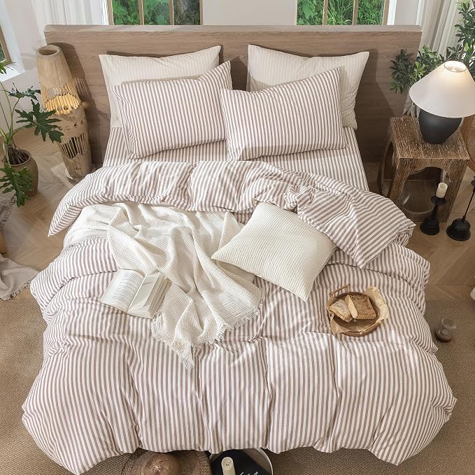 MooMee Striped Duvet Cover Set 100% Washed Cotton Linen Like Full | Relaxed Linen-like Texture. Soft, Breathable & Long-lasting Comfort. Lightweight. Hidden Zipper with 8 Interior Corner Ties