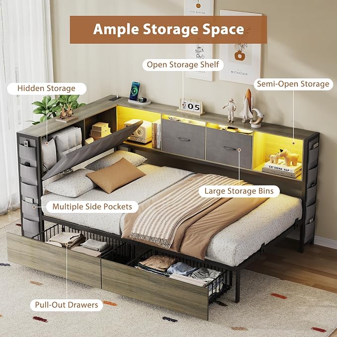 MapleGrace Twin Corner Bed Frame with Upholstered Storage Headboard and Drawers, Metal Platform Bed Frame with LED Light and Charging Station, Twin Daybed for Living Room, Bedroom & Guest Room, Gray