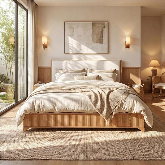 Christopher Knight Home Jill Modern Queen Bed Frame with Headboard, Bed Frame Queen with Upholstered Headboard, Wooden Queen Platform Bed Frame with Slat Supports, No Box Spring Needed, Natural+White