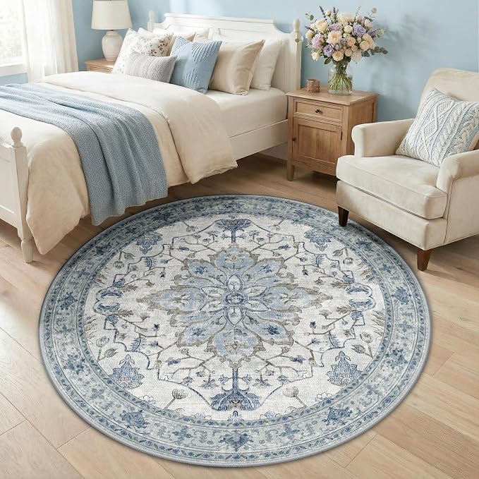 RELEANY Washable Area Rug, Round 5ft, Blue/White/Gray | Non-Slip, Water Repellent, Pet Friendly, Easy to Clean, Vintage Floral Boho Decor for Living Room Bedroom Dining Room