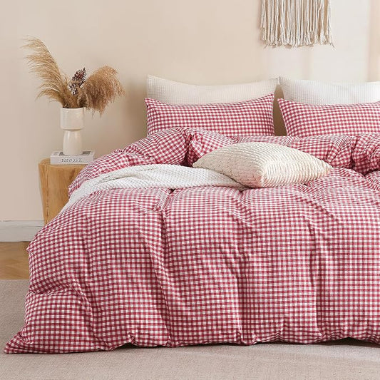 TOCOMOA Red Gingham Duvet Cover Set 100% Washed Cotton Like Linen, Queen | Linen-Like Feel Soft, Breathable & Comfy for All Season. Lightweight Bedding Set with Zipper & 8 Ties. 3 Pcs, No Insert