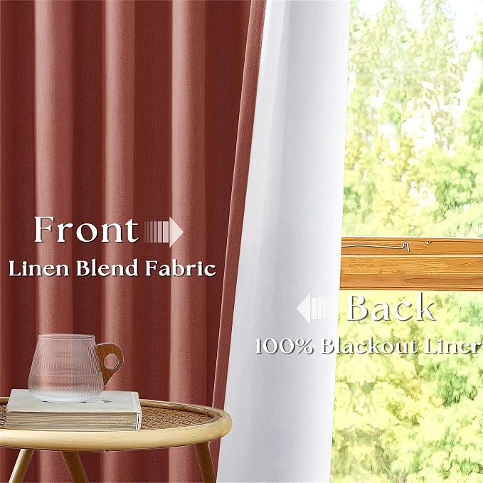 Firebrick Pinch Pleated Blackout Linen 45 Inch Curtains with Liner 2 Panels | Memory Trained, Thermal Insulated, UV Blocking, Noise Reducing, Room Darkening, 100% Black Out Short Curtains for Kitchen