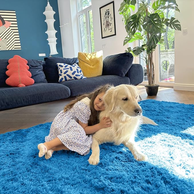OLANLY 5x7 Machine Washable Large Area Rugs for Living Room, Bedroom, Soft Fluffy Shaggy Bedside Rug, Indoor Floor Carpet for Kids Girls and Boys, Dorms, Nursery, Home Decor Aesthetic, Bright Blue
