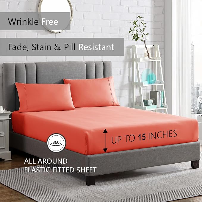 American Home Collection Full Size Sheet Set - Ultra-Soft Microfiber 15-Inch Deep Pocket - Wrinkle Free and Fade Resistant (Peach)