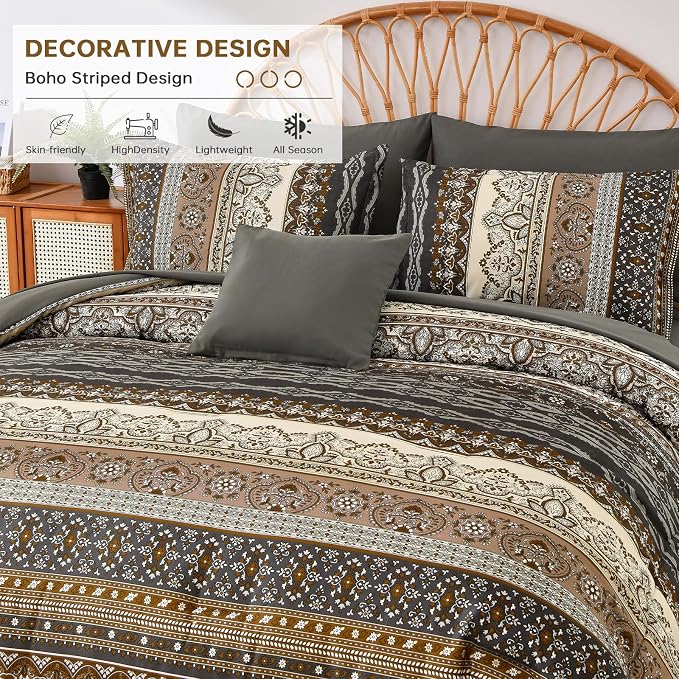 Cottolester Boho Queen Comforter Set 8 Pieces,Brown Black Bohemian Comforter Paisley Striped Bed in A Bag,Soft Microfiber Bedding Set for All Season