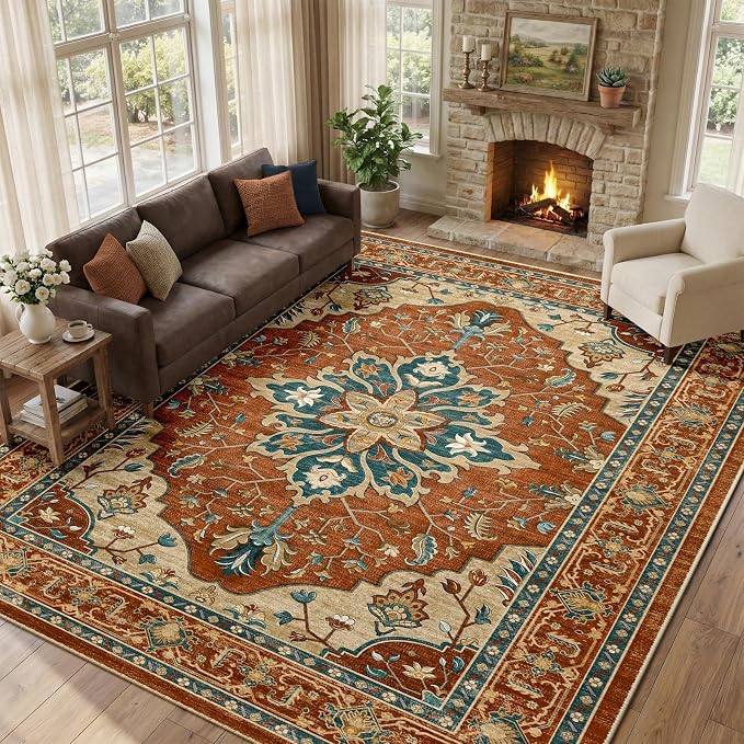 RELEANY Washable Area Rug, Large 9'x12', Red/Orange/Blue/Brown | Non-Slip, Water Repellent, Pet Friendly, Easy to Clean, Vintage Floral Boho Decor for Living Room Bedroom Dining Room