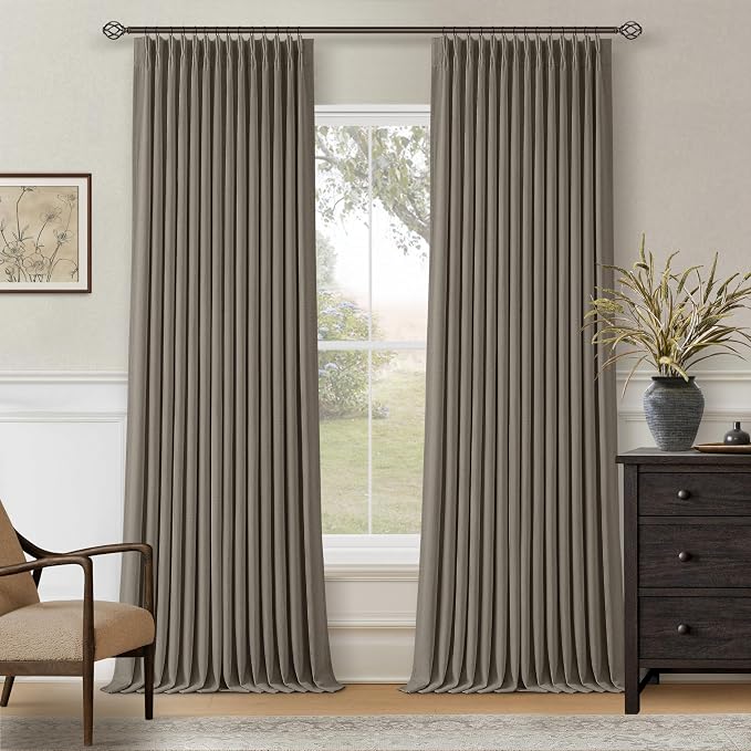 Dark Flax 100 Inch Blackout Pinch Pleated Curtains 2 Panel Set, Taupe | Thick Linen Textured, Room Darkening, 100% Black Out, Light Blocking, Pinch Pleat Drapes for Living Room Bedroom W40xL100