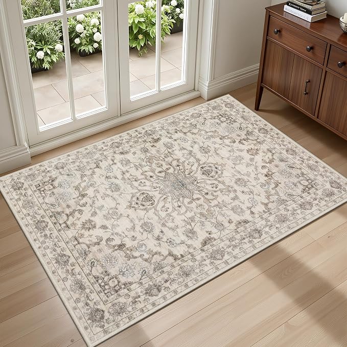 2x3 Area Rugs Living Room: Washable Rug for Bedroom Brown Beige | Boho No Slip Stain Resistant Rug Soft Indoor Decor Floor Floral 2x3 Area Rugs for Dining Room, Nursery, Hallway, Home Office