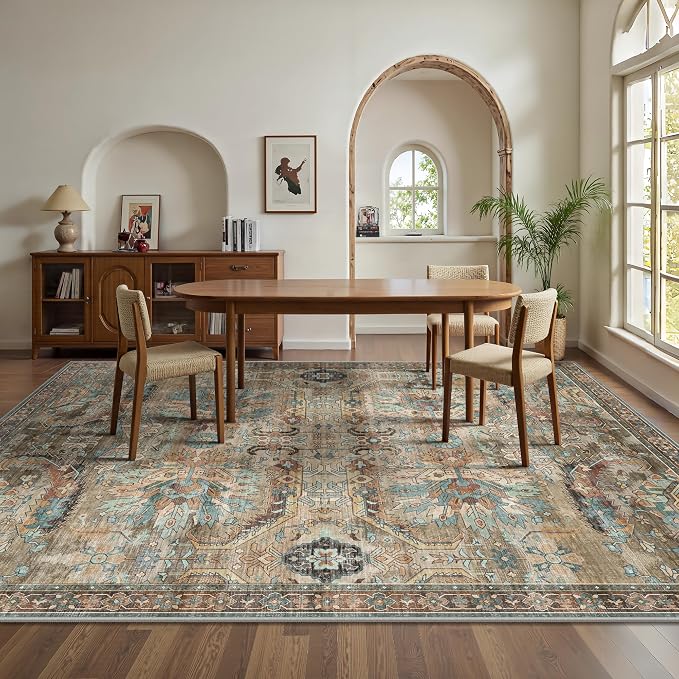 8x10 Area Rugs, Vintage Retro Soft Washable Rug, Non-Slip Low Pile Rugs for Living Room, Bedroom, Dining Room, Stain Resistant Home Decor Rug (Vintage Olive Green)