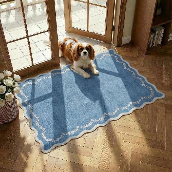 GarveeHome Scalloped Entryway Rug 2x3 Blue Washable Front Door Entry Rug | Indoor Entrance Floral Carpet Non-Slip Low Pile Throw Rugs for Kitchen Floor, Powder Room, Entry, Bathroom, Kids Room