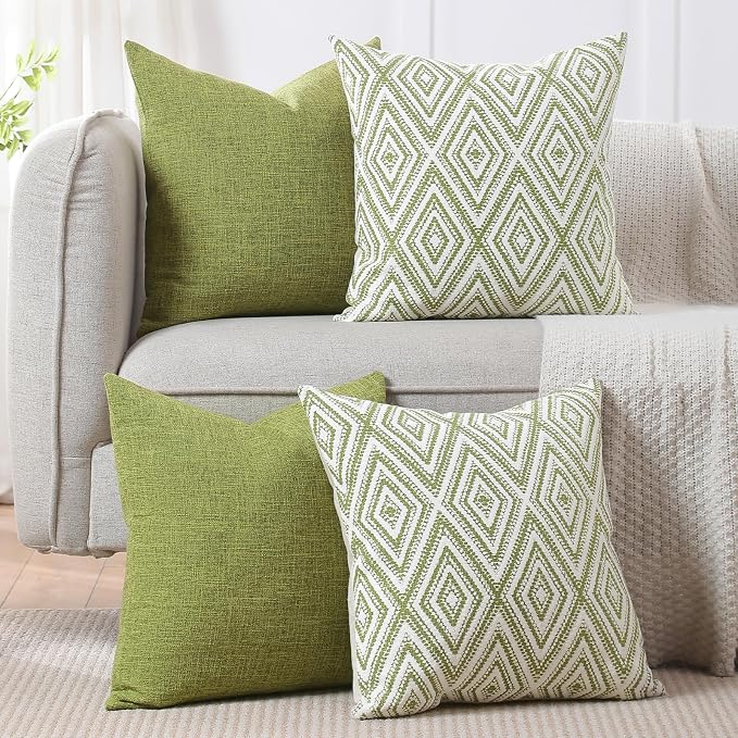 HPUK Throw Pillow Covers 20x20, 4 Pack, Green Textured Couch Pillow Covers | Polyester fabric, patterned and solid designs, hidden zippers, machine washable, for sofas and beds, inserts not included