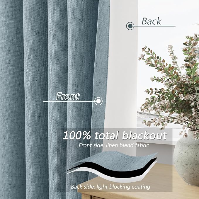 Blue 100% Blackout Linen Curtains 84 Inch Length 2 Panels Set for Living Room Bedroom Back Tab Thermal Insulated Black Out Drapes Room Darkening Window Curtains 84 Inches Long Dusty Blue