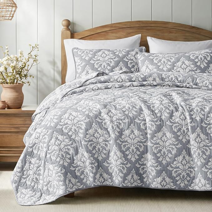 Exclusivo Mezcla Cotton Quilts King Size Grey | Soft Lightweight Bedspread, Breathable Prewashed Yarn Dyed Muslin, All Season Bedding Set, Boho Coverlet With 2 Pillow Shams