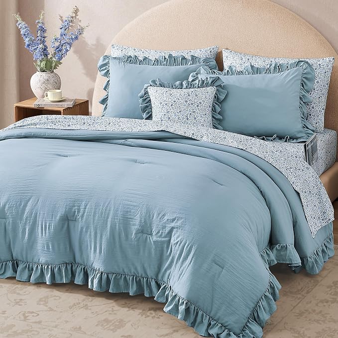 Full Size Comforter Sets-7 Pieces Ruffle Bedding Floral Sheet | Blue Bed in a Bag, Soft Lightweight All Season Farmhouse Full Size Bedding Sets with Floral Sheets, Pillowcases & Shams