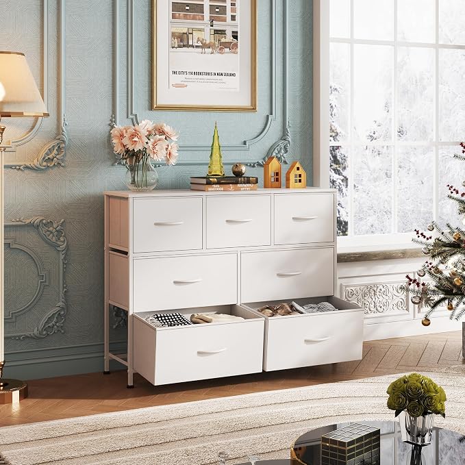 WLIVE Dresser for Bedroom, 7 Drawers, TV Stand, White | 7 roomy fabric drawers, Fits TVs up to 45 inch, Bedroom or living room, Wide storage design, Chest of drawers
