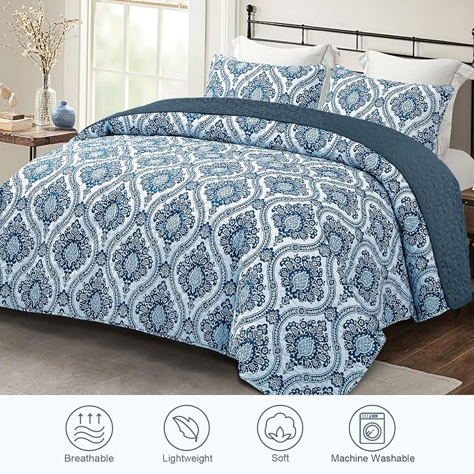 Exclusivo Mezcla Reversible Boho Quilt King Size Blue | Lightweight Soft Bedspreads, All Season Damask Coverlet Bedding Set, Printed Floral Pattern, 1 Quilt and 2 Pillow Shams