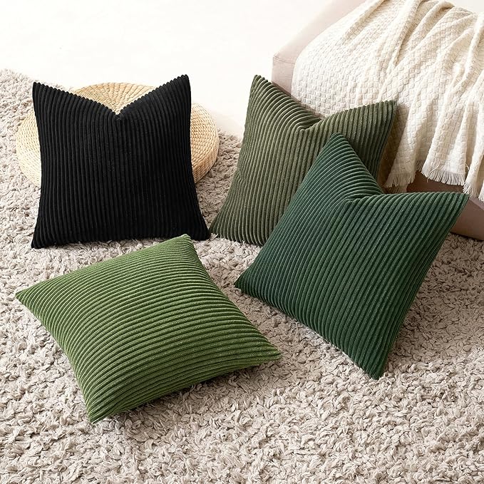 MIULEE Soft Corduroy Decorative Throw Pillow Covers Neutral Green 18x18 | Set of 4, Mordern Nordic Decor, Forest Bath Green Collection, Boho Farmhouse Cushion Covers for Couch Bed Sofa Living Room