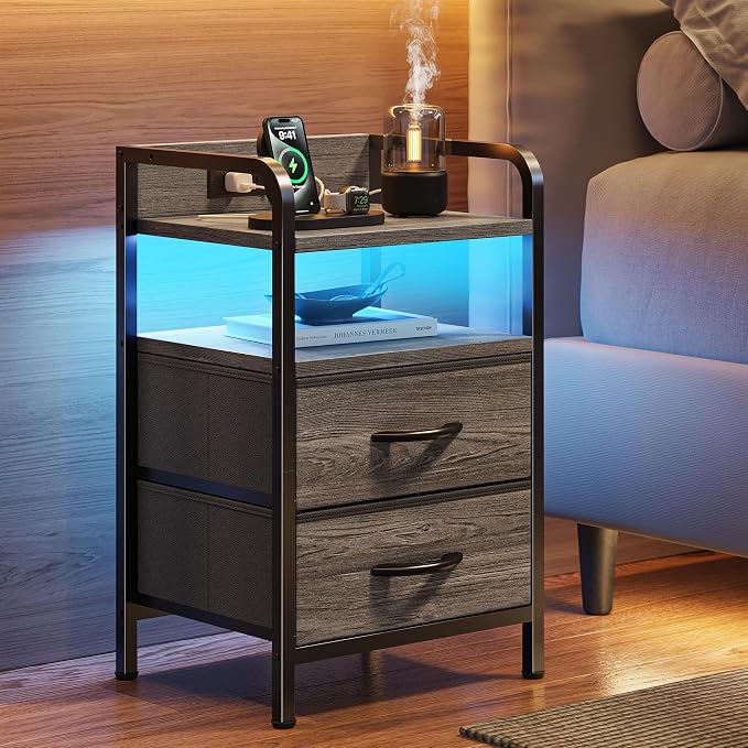 Huuger Nightstands Set of 2, Night Stand with LED Lights, Charging Station | USB-C Ports, 2 Drawers Bedside Table, Open Shelf, 2-Way Power Panel Install, End Table for Bedroom, Grey