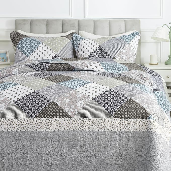 Quilt Set Queen Size, Bedspread Sets Light Grey Square, Reversible Quilt Bedding Set Lightweight and Breathable for All Seasons, Soft Quilted Bedspread with 2 Pillow Shams
