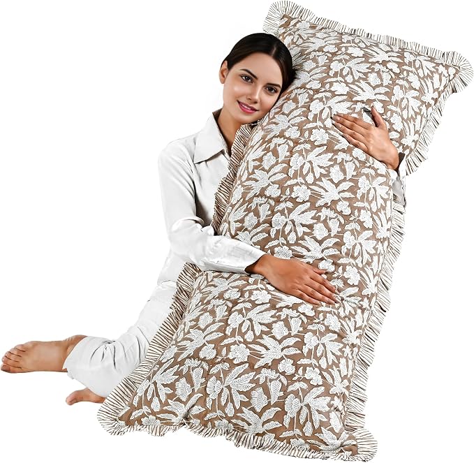 Ridhi Block Print Oak Brown Ruffle Lumbar Pillow Shams, 54" x 20" Set-1 | 100% cotton, Floral Pillowcase, Cushion Cover, Hidden Zipper, Cottagecore Bedding, farmhouse boho style, fits couch, sofa,Bed
