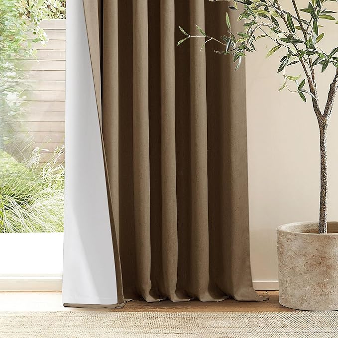 Dutch Cocoa Pleated Linen Blackout Curtains 102 Inches Long for Bedroom | 100% Black Out Thermal Insulated, Pinch Pleat with Rings Hooks, Room Darkening Drapes with Liner, for Living Room W40xL102
