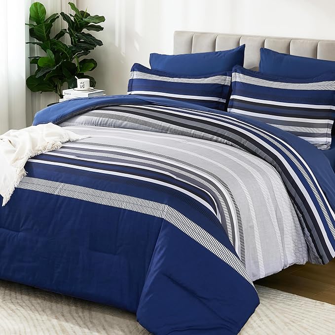 Dobuyly Navy Blue Queen Comforter Set 7 Pieces, Boho Striped Bed in a Bag Queen Size Soft Microfiber All Season Bedding Set with Comforter, Sheets, Pillowcases & Shams