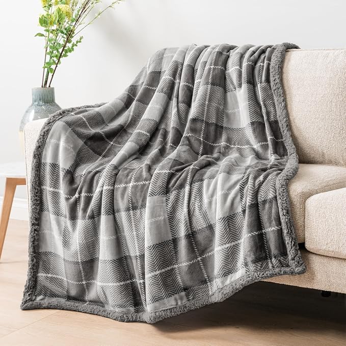 PAVILIA Twin Plaid Sherpa Throw Blanket for Couch Sofa Bed Light Grey 60x80 | GSM 460; Soft Plush Flannel Fleece; Warm&Cozy for Home; Machine Washable, Perfect Cabin Decor Winter Holiday Christmas Gift