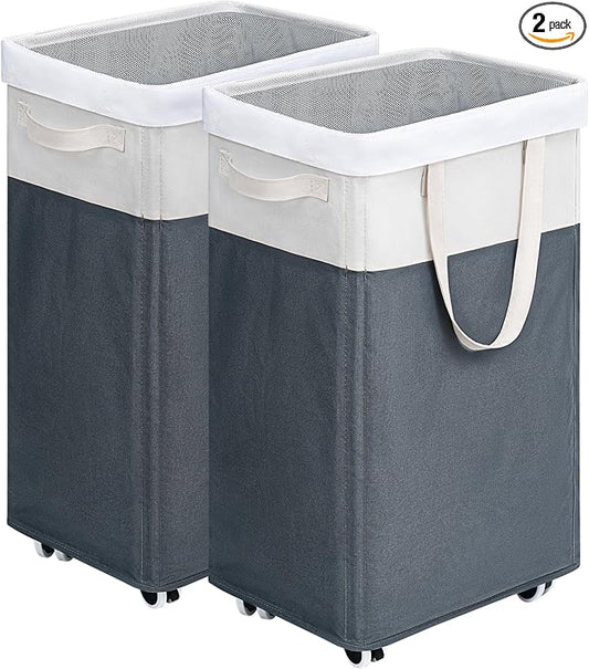 Goodpick 2-Pack Rolling Laundry Basket with Wash Bag, Hamper for Dorm, 75L | Laundry Basket with Wheels and Handles for Dirty Clothes, Fodable Hamper for Laundry Room, Dorm Room, Grey & White