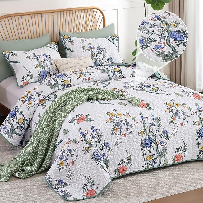 WONGS BEDDING Floral Quilt Set Queen, 3 Pcs Blue Green Bedspreads Coverlets | Spring Summer Floral Farmhouse Bedspread with 2 Shams,Soft Microfiber Lightweight Coverlet for All Season 96"×90"