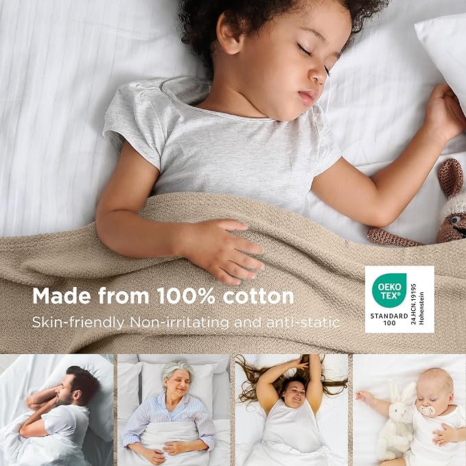 Bedsure GentleSoft 100% Cotton Blanket King Size for Bed - Cooling Breathable and Lightweight, Soft Cozy Textured Herringbone Woven Blanket for Summer, Khaki, 108x90 inches