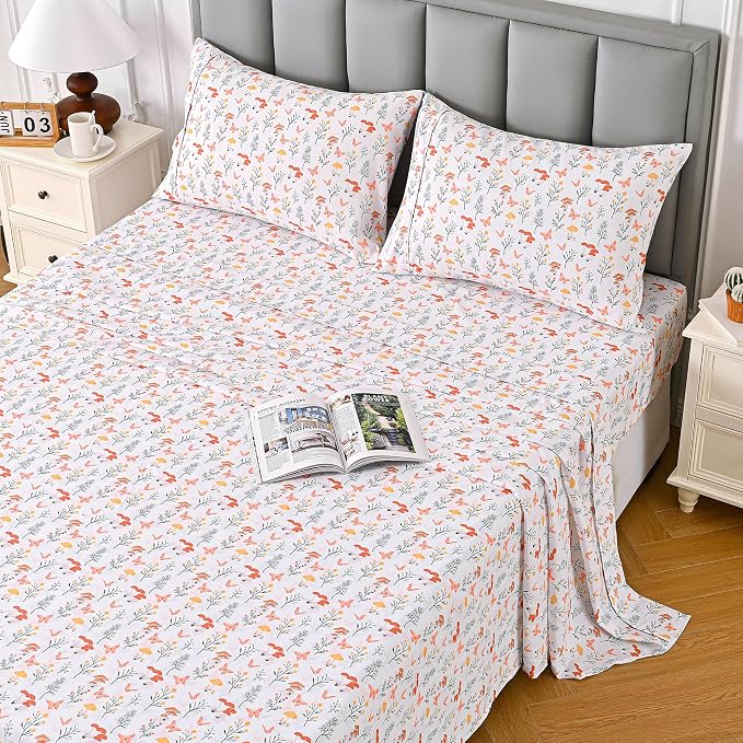 Viviland Mushroom Queen Sheet Set - 4 Piece Vintage Butterfly Flower Patterned Bed Sheets - Soft, Breathable Microfiber Floral Sheets with Deep Pocket, Non-Slip Fitted Sheets & Pillowcases