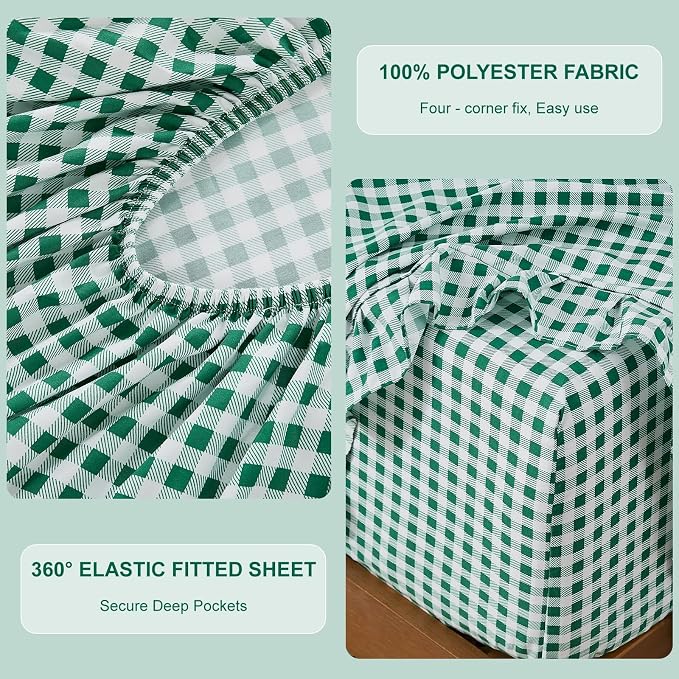 Gingham Twin Sheet Set, Lightweight Super Soft Brushed Microfiber Plaid Bed Sheets with 16" Deep Pocket, 3 Piece Ruffle Farmhouse Bedroom Decor, Green