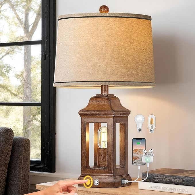 24" Rustic Farmhouse Table Lamps for Living Room, Single Pack Touch Dimmable Nightlight Vintage Bedside Lamps with USB A+C Ports & Dual Light Sources for Bedroom Nightstand End Table, Wood Grain
