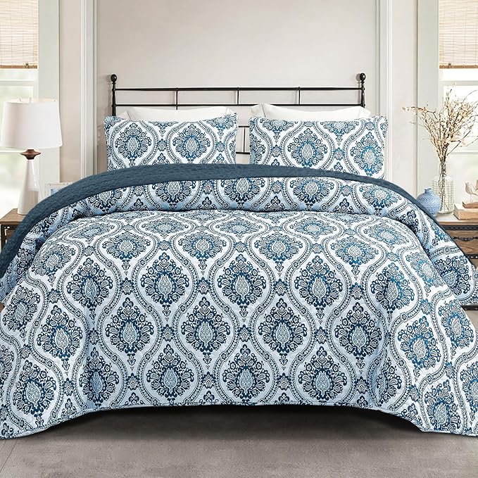 Exclusivo Mezcla Reversible Boho Quilts Queen Size Blue | Lightweight Soft Bedspreads, All Season Damask Coverlet Bedding Set, Printed Floral Pattern, 1 Quilt and 2 Pillow Shams