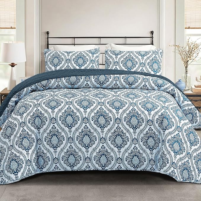 Exclusivo Mezcla Reversible Boho Quilt King Size Blue | Lightweight Soft Bedspreads, All Season Damask Coverlet Bedding Set, Printed Floral Pattern, 1 Quilt and 2 Pillow Shams