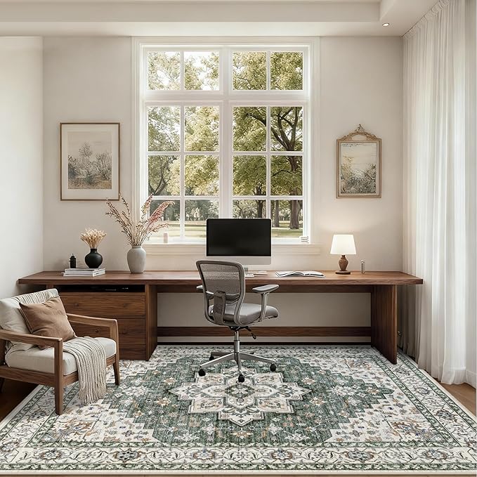 6x9 Area Rugs Living Room: Washable Rug for Bedroom Green Ivory | Boho No Slip Stain Resistant Rug Soft Indoor Decor Floor Floral 6x9 Area Rugs for Dining Room, Nursery, Hallway, Home Office