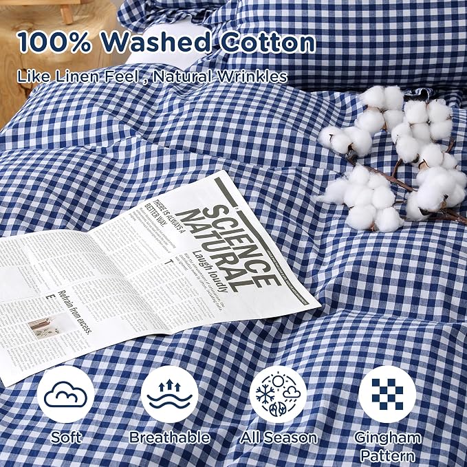 ATsense Navy Blue Gingham Ruffle Duvet Cover Set Cotton Like Linen, Queen | 100% Washed Cotton Linen-Like Feel Soft, Breathable & Comfy. Farmhouse Bedding Set with Zipper & 8 Ties. 3 Pcs, No Insert