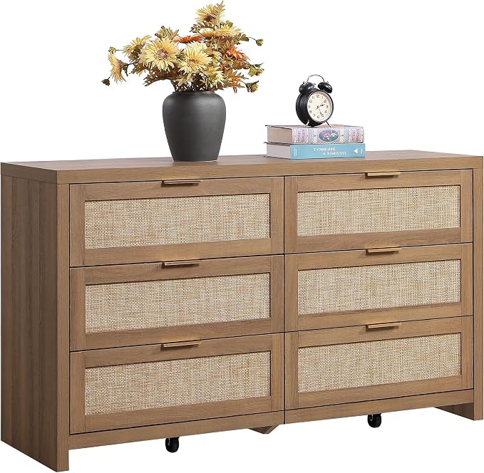SICOTAS Rattan Dresser for Bedroom, 57" Wide 6 Drawer Dresser | Dressers with Ample Storage, Large Chest of Drawers, Closet, Boho TV Stand for Bedroom, Reclaimed Caramel Oak, 1 Piece