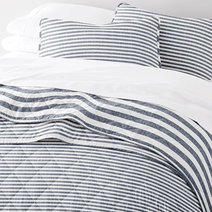 Merit Linens 3 Piece Quilt Set - Super Soft - Lightweight - All Season Quilted Coverlet - Timeless Patterns - Full/Queen Dusk Blue