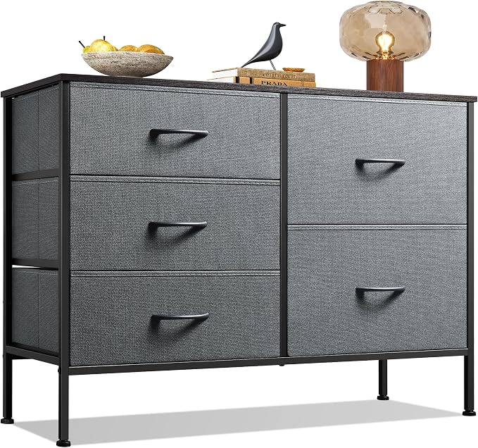 WLIVE 5 Drawer Fabric Dresser for Bedroom, Wide Storage Chest, Dark Grey | 5-drawer wide fabric dresser with steel frame, multipurpose bedroom living room hallway dorm closet storage organizer