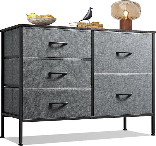 WLIVE 5 Drawer Fabric Dresser for Bedroom, Wide Storage Chest, Dark Grey | 5-drawer wide fabric dresser with steel frame, multipurpose bedroom living room hallway dorm closet storage organizer