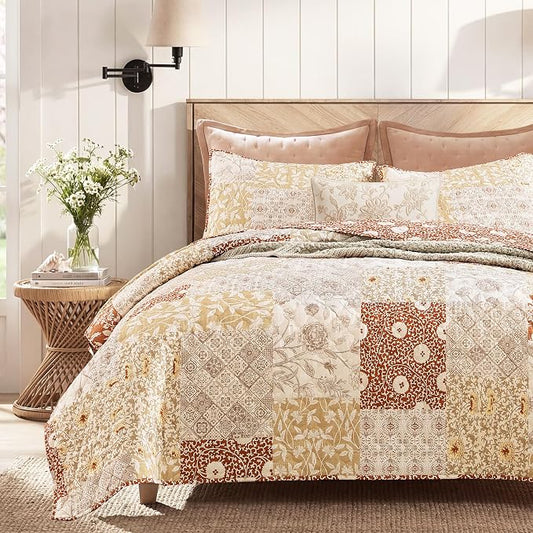 Queen Quilt Set-3 Pieces Soft Bedding Lightweight Floral Patchwork Coverlet | All Seasons Quilts Queen Size for Bed, 1 Quilt (90" x 94") and 2 Shams (20" x 26"), Vintage Bedspread, Terracotta