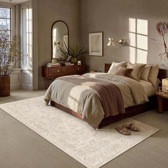 6x9 Light Cream Neutral Area Rug | Washable, Vintage, Soft, Non Slip, Low Pile, Distressed, Carpet for Living Room Bedroom Dining Room Nursery Home Decor