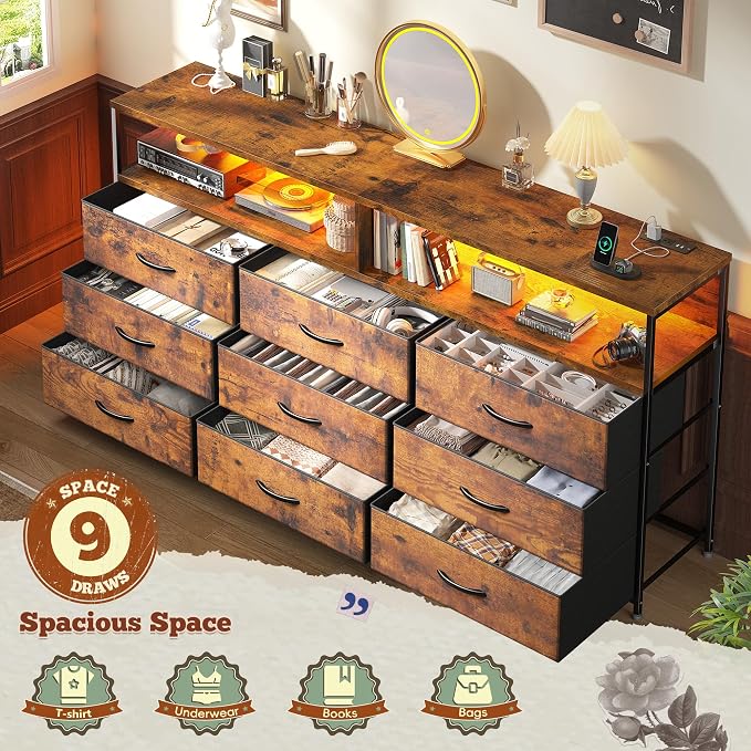 Romorgniz 55" W Dresser for Bedroom with 9 Drawers LED TV Stand with Power Outlets for 45, 55, 65 Inch TV Sturdy Long Chest of Drawers with Extra 2 Wooden Shelves Steel Frame Rustic Brown