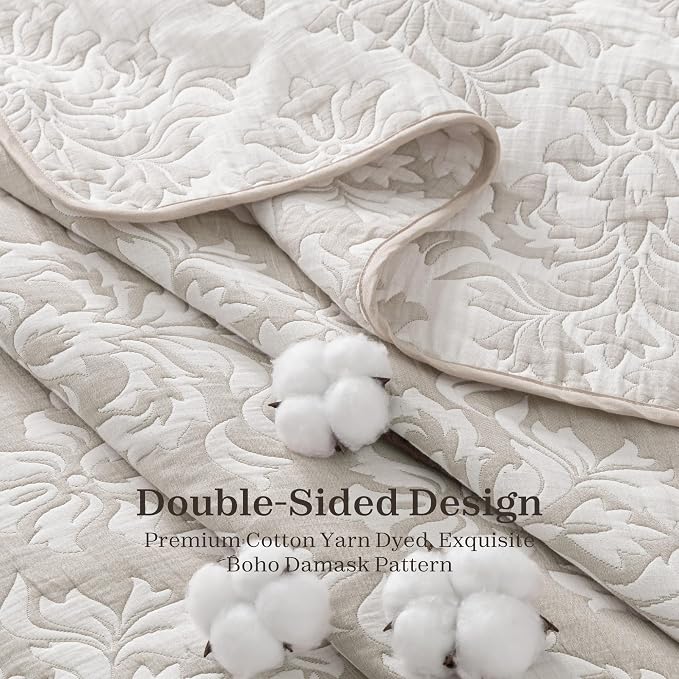 Exclusivo Mezcla Cotton Quilts King Size Beige | Soft Lightweight Bedspread, Breathable Prewashed Yarn Dyed Muslin, All Season Bedding Set, Boho Coverlet With 2 Pillow Shams